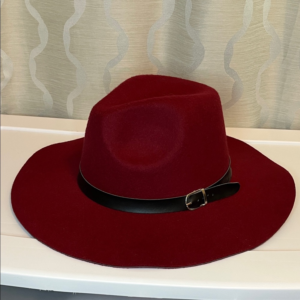 Maroon‎ Felt Fedora Belted Silver Buckle Size 57